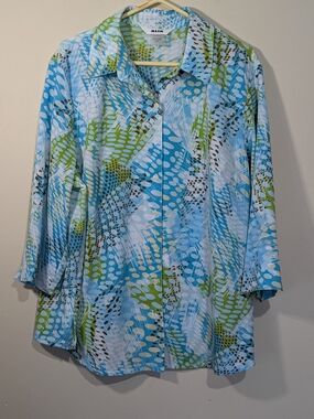 Alia Blouse Womens 22W Blue Green Abstract Print Button Front Top Plus Size NWOT